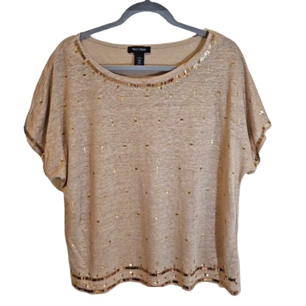 White House Black Market sequins embellish tan top women's size Large
